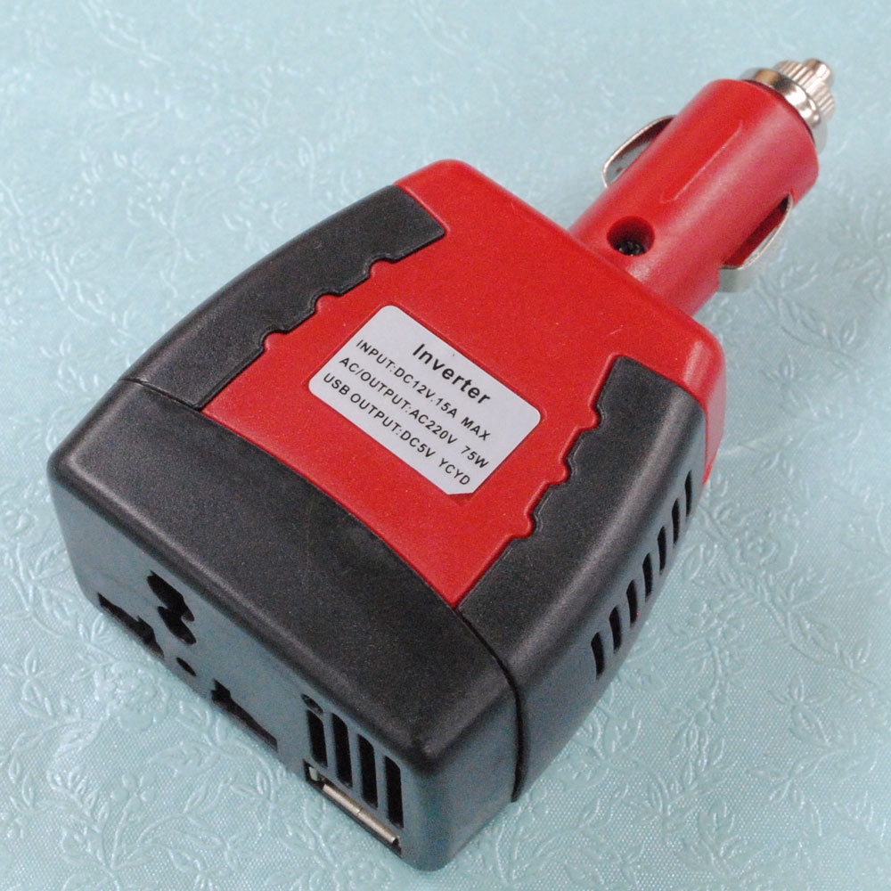 Power Car Inverter 75W 220V AC EU Plug with USB Charger 2.1A - Black/Red