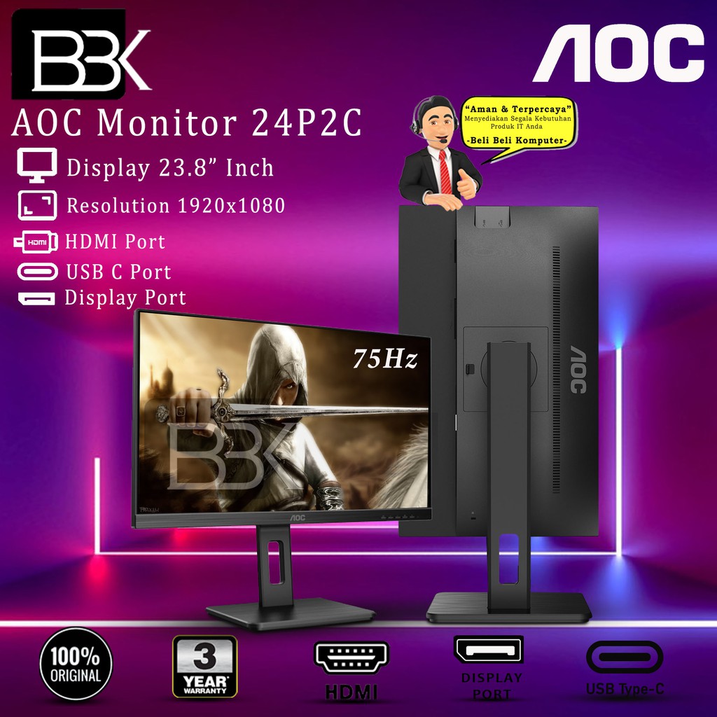 Monitor AOC 24P2C 23.8" Full HD 75Hz sRGB 107% LED 3Yr