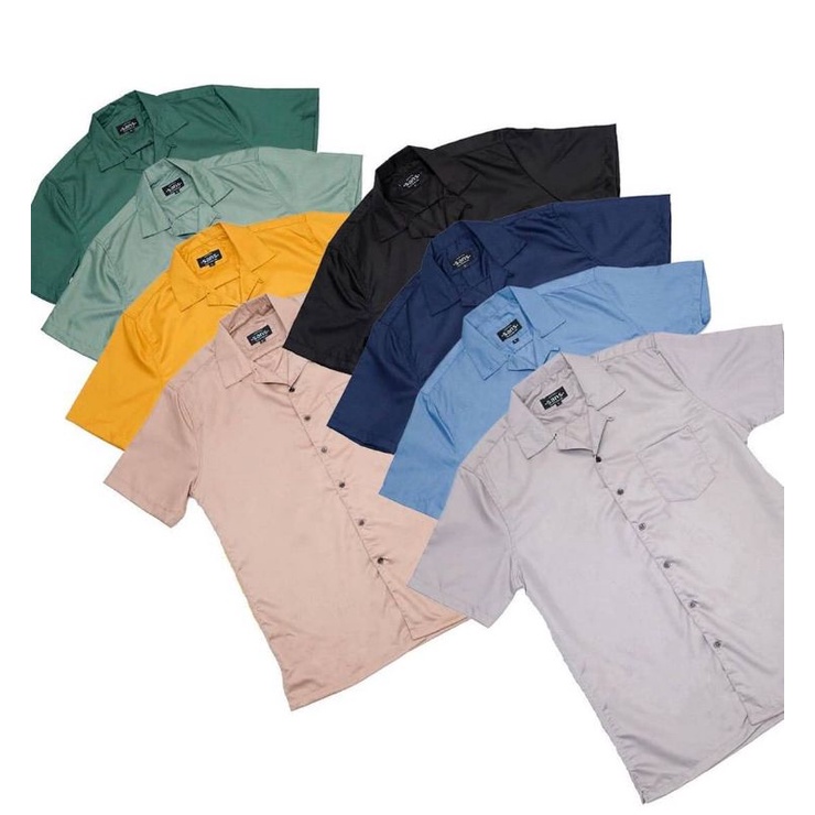 BASIC COLOUR SHIRT - Kemeja Polos Casual Lengan Pendek Kasual Pria Leher Shanghai