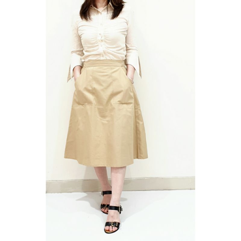 Rok Wanita Midi Skirt Katun Polos Model A Line Panjang 7/8, Alena Skirt#-3