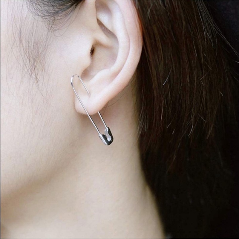 Anting Stud Tindik Bentuk Paperclip Bahan Stainless Steel Gaya Punk Gothic Untuk Wanita