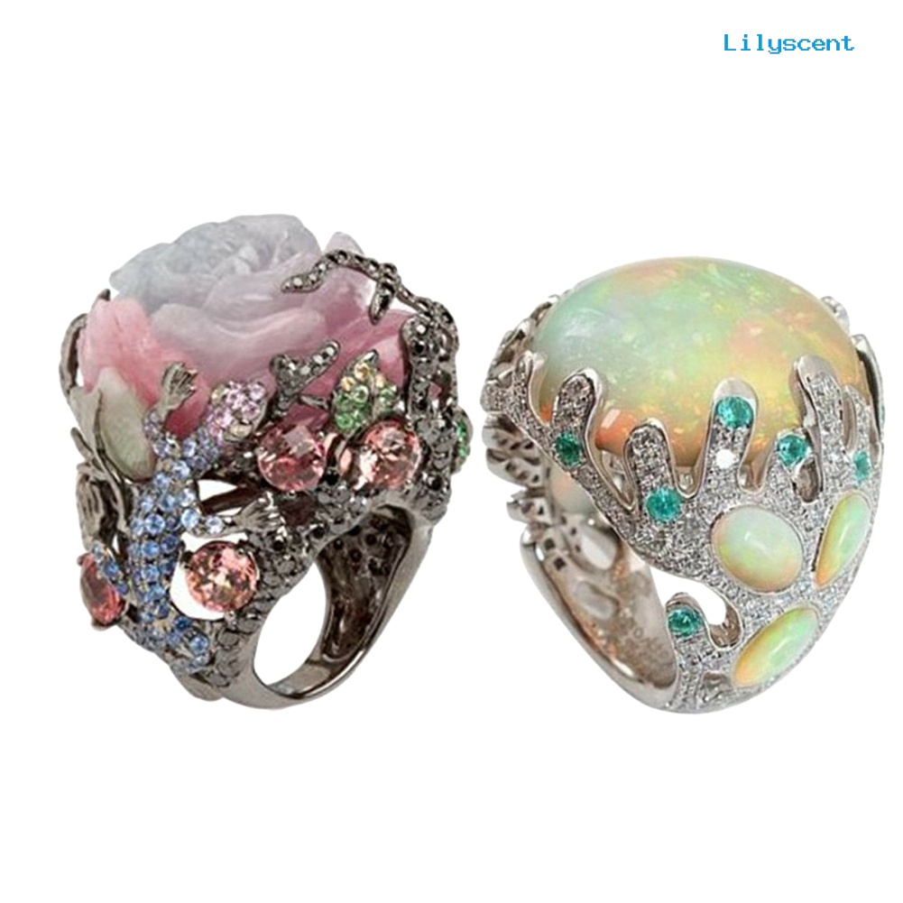 Lilyscent Women Multicolor Big Oval Faux Moonstone Carved Flowers Finger Ring Jewelry