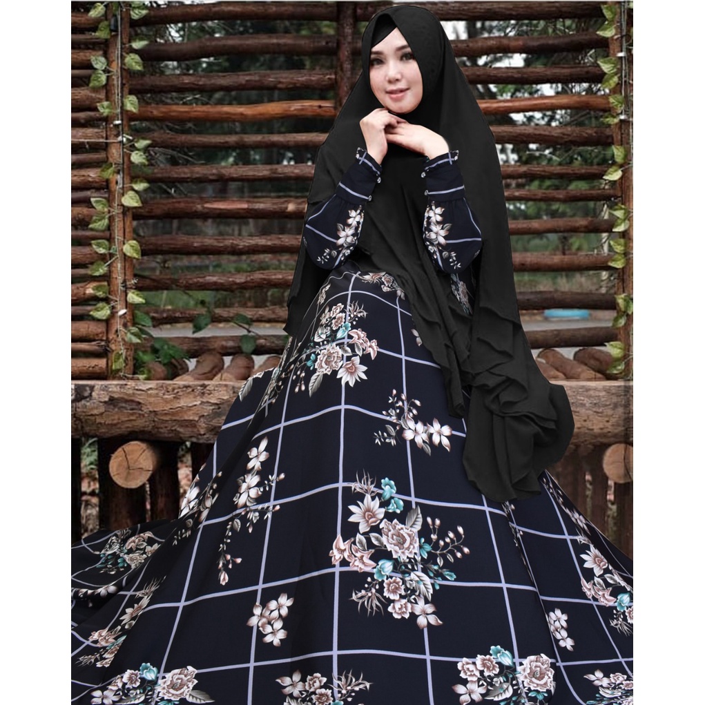 gamis set khimar.kotak bunga mocca