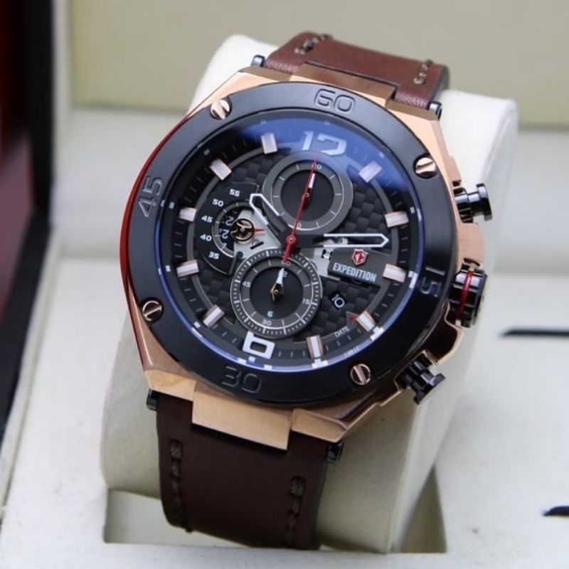 Jam Tangan Expedition E 6756 Pria / E6756 MC Rose Gold Brown Original
