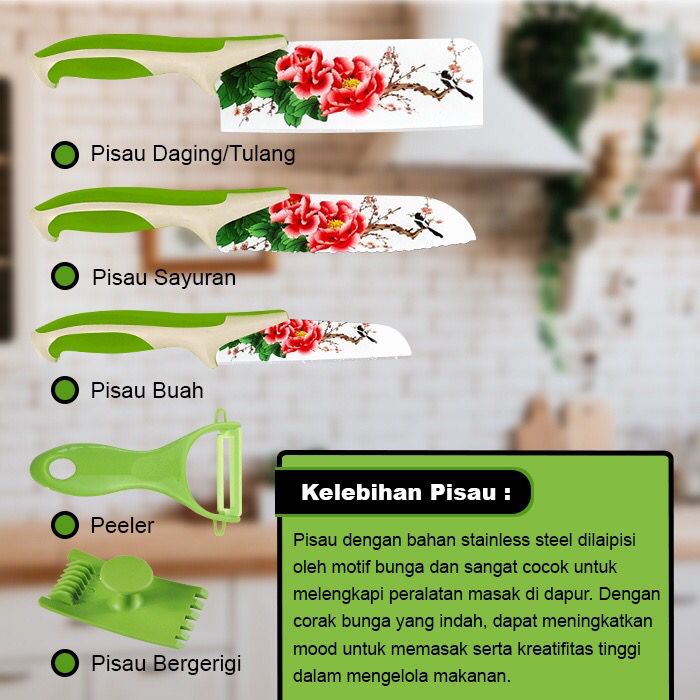 Pisau Dapur Set Rose Green/ Pisau Serbaguna/ Set Pisau Dapur Murah / Pisau Dapur Lengkap 5in1