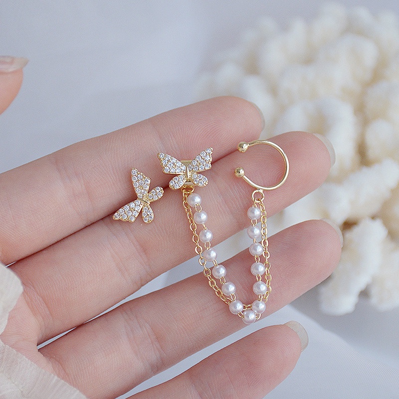 [ Cute Rhinestone Butterfly  Pearl Beads Chain  Stud Earrings Ear Jewelry for Girlfriends ]