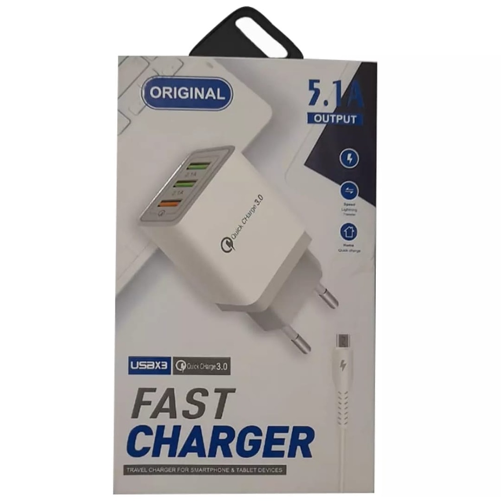 Charger Casan Original Miror Lake PPS Digital Display 18+Kabel Data Micro USB 3 Port USB Qualcomm 3.0 QuikCharge Charger Adaptor 5.1A Input Output Kepala Adapter Charger Original Fast Charging