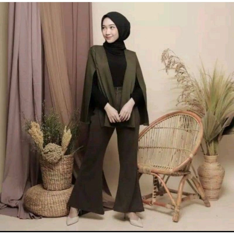 One Set Bazer Wanita Setelan Kardigan Outer Helena Set Celana Cutbray+Outer Tanpa Iner