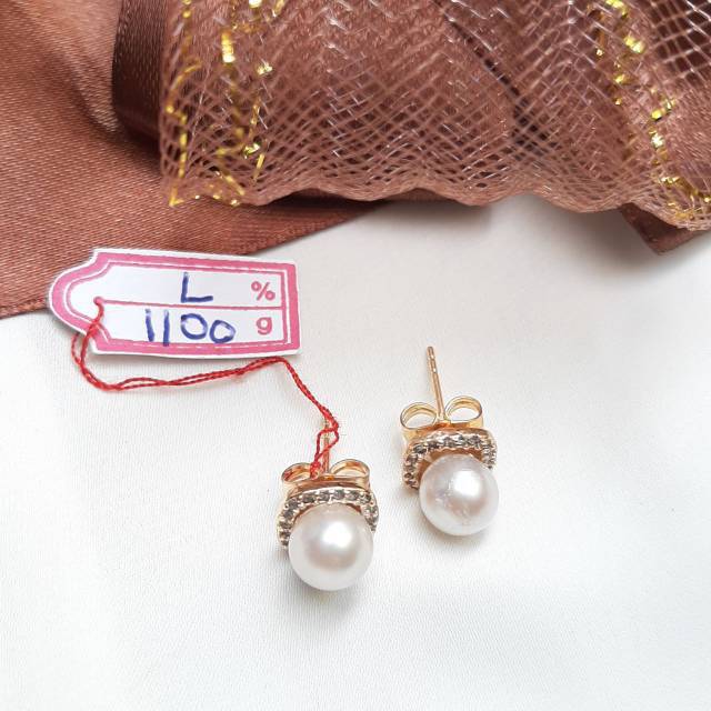 Anting mutiara air laut lombok asli rangka rodhium lapis emas bersertifikat