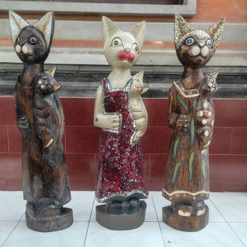 PATUNG KUCING BAWA ANAK/PATUNG KUCING KAYU/PATUNG KAYU/DEKORASI KUCING/PAJANGAN PATUNG KUCING