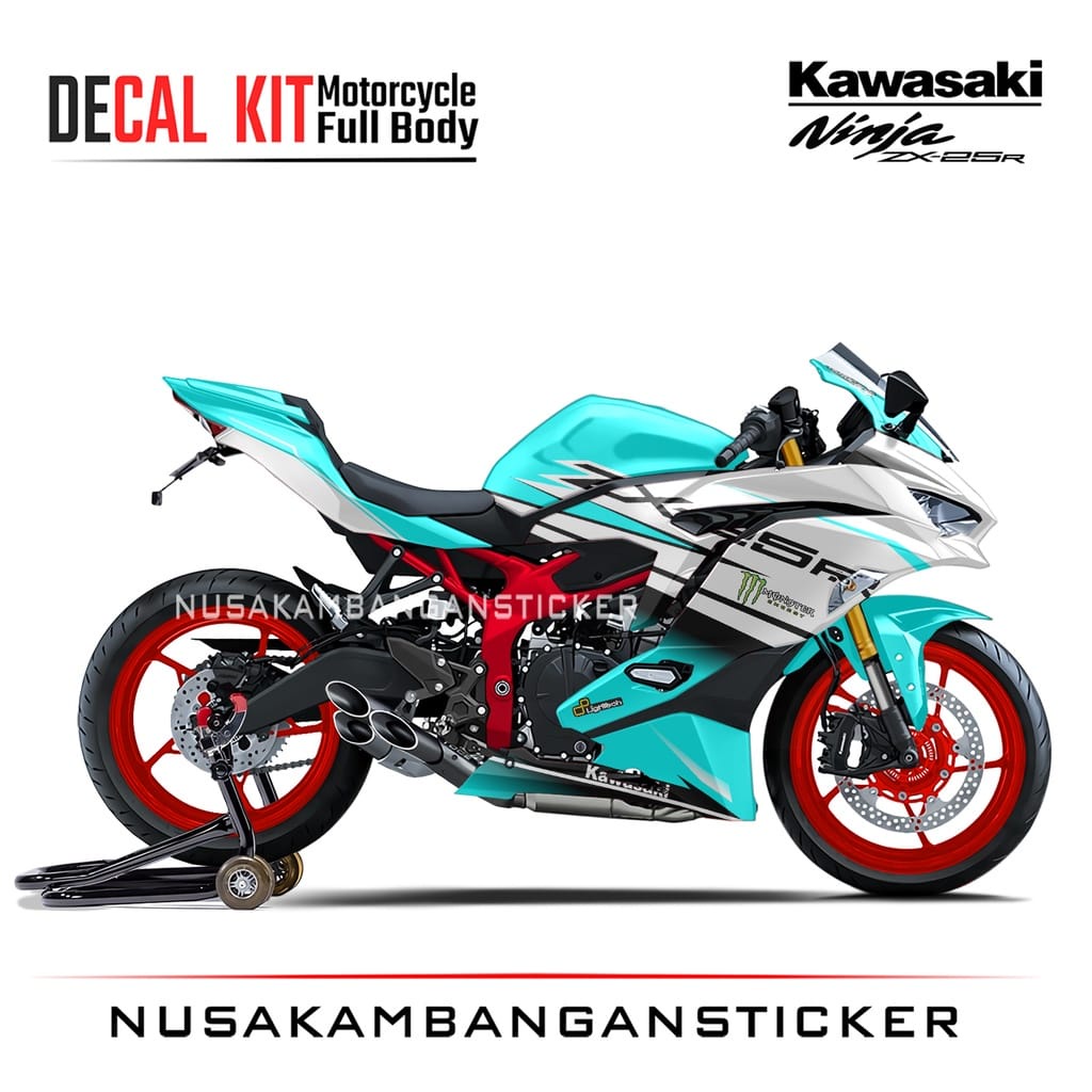 Stiker Decal Motor Kawasaki Ninja ZX 25R Full Body Biru Toska Putih Grafis Racing Team Sticker Varia