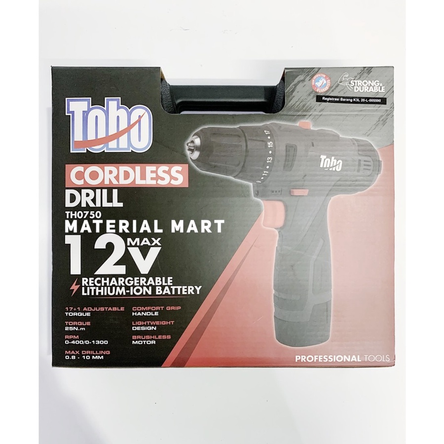 Mesin Bor TOHO Wireless ORI | Cordless Drill 12V | Bor Tangan 10mm | Material Mart