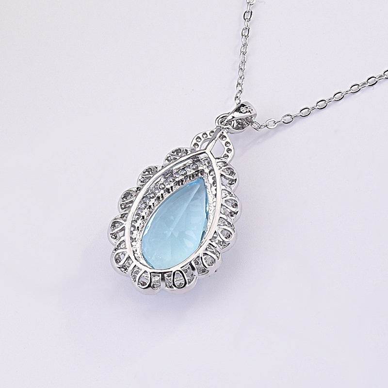 [Ready Stock]Fashion Luxury Full Diamond Inlaid Blue Gem Drop Necklace Pendant