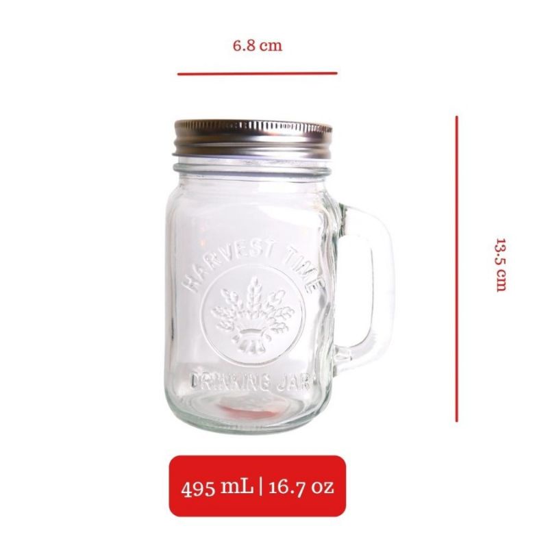 Gelas Jar Toples Tutup Aluminium / Jar Tutup Plastik / Drink Jar + Alumunium Cover 495 ml