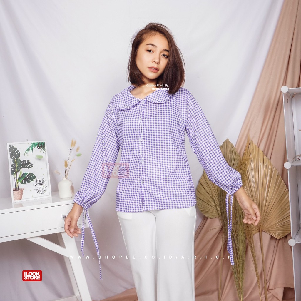 ilook | Blouse Zashi | Blouse Wanita Motif Kotak Bahan Creepe - Fit to L-ZASHI - UNGU