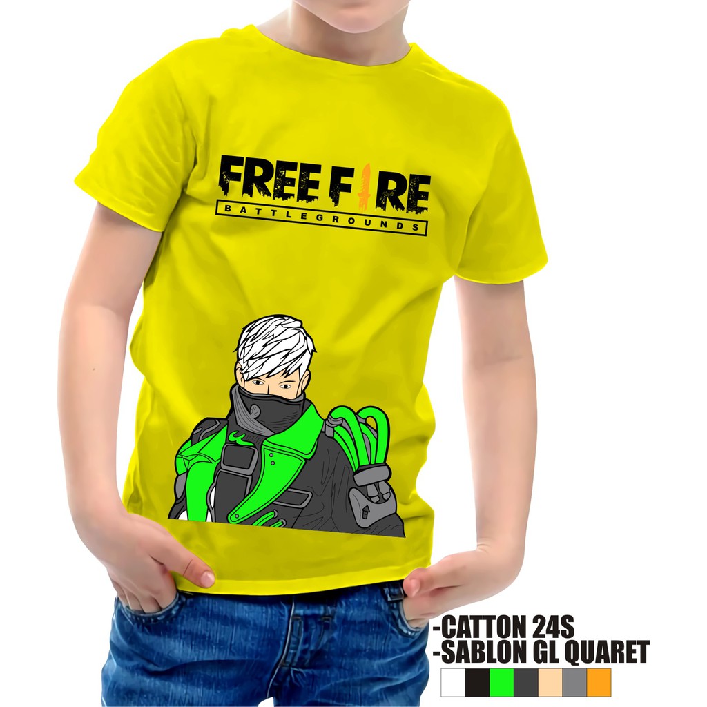 Baju / Kaos Distro Anak Laki-Laki &amp; Perempuan / Kaos Anak Oblong / Motif FREE FIRE YELLOW