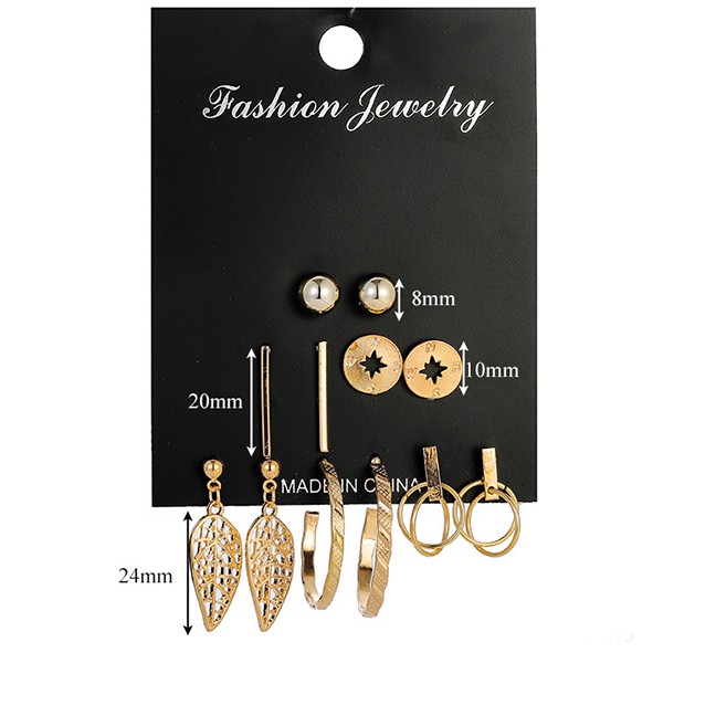 LRC Anting Tusuk Fashion Gold Leaf Ring Earrings 6 Pairs F84454