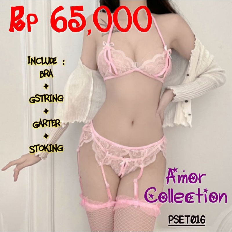 Lingerie seksi set bra, gstring, garter dan stoking pink (PSET016) by AMOR COLLECTION
