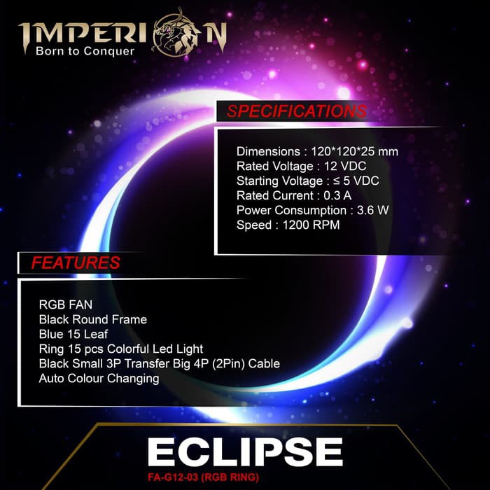 Fan / Kipas Gaming Imperion FA-G12-03 Eclipse 120mm, 7-Colour Ring RGB