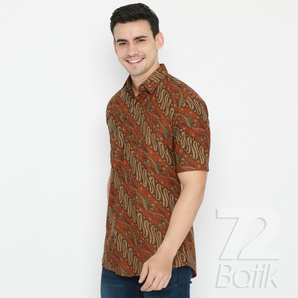 KEMEJA BATIK PRIA Lengan Pendek Premium Motif Parang Warna Orange 729642 Cap 72 - Baju Kemeja Atasan Pakaian Setelan Batik Pria Cowok Laki Laki Remaja Keluarga Kantor Lengan Pendek Modern Slimfit Slim Fit Premium Kekinian