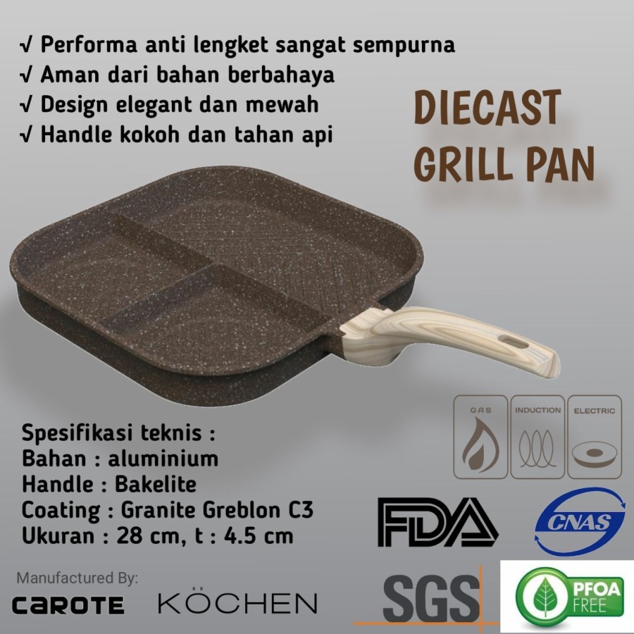 Kochen Granit Greblon C3 Germany Grill Pan 32cm  Wajan 3 Sekat