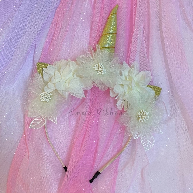 Bando Unicorn/ Flower crown/ Bando Unicorn Bunga Putih/ Mahkota Bunga/ Bando Unicorn Anak