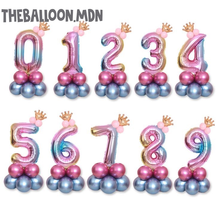 Balon Paket Angka Crown Rainbow 80cm / Balon Angka