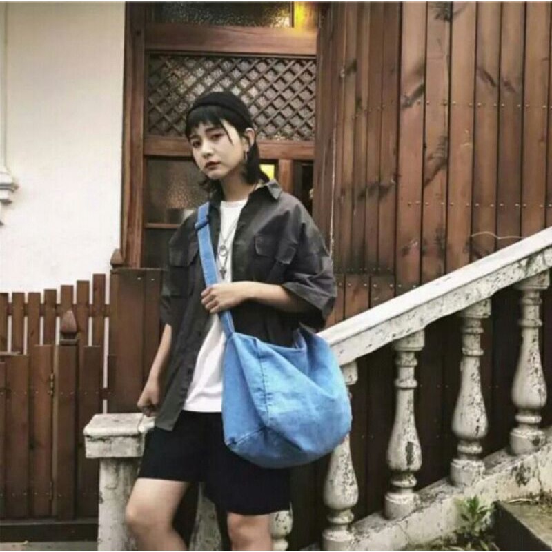SBXLD XL Sling Bag Denim Jeans Tas Selempang Wanita besar pria Tote bag