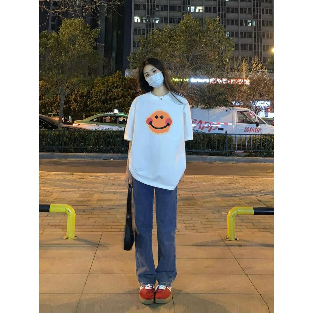 RDGF kaos wanita korean style kaos oversize wanita kaos oversize kaos wajah smiley kaos putih/A0089