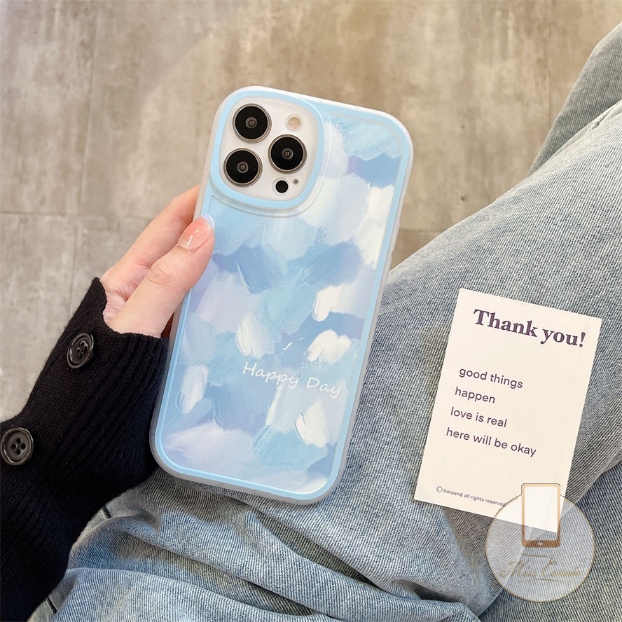 IPHONE Lukisan Tinta Sederhana Shockproof Case Kompatibel Untuk Iphone11 13 12 14 Pro MAX XR X XS MAX 8 7Plus 8Plus 6 6S Plus SE 2020biru Bulat Pelindung Lensa Anti Jatuh Lembut TPU Penutup Belakang