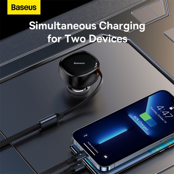 Baseus Car Charger Mobil 30W 2IN1 Built in Type-C Iphone Fast Charging