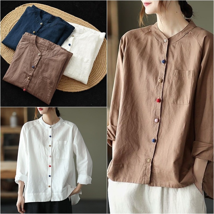BLOUSE KOREAN STYLE - QINARA BLOUSE LENGAN PANJANG SIZE BESAR COTTON LINEN HARIAN REMAJA - KEMEJA WANITA CASUAL <