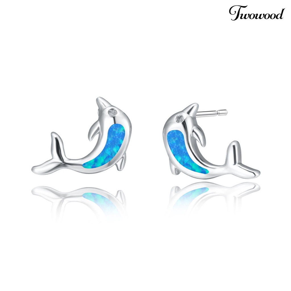 Twowood 1 Pair Lady Ear Studs Dolphin Shape Colored Faux Stone Jewelry Lightweight Cute Animal Stud Earrings for Dating