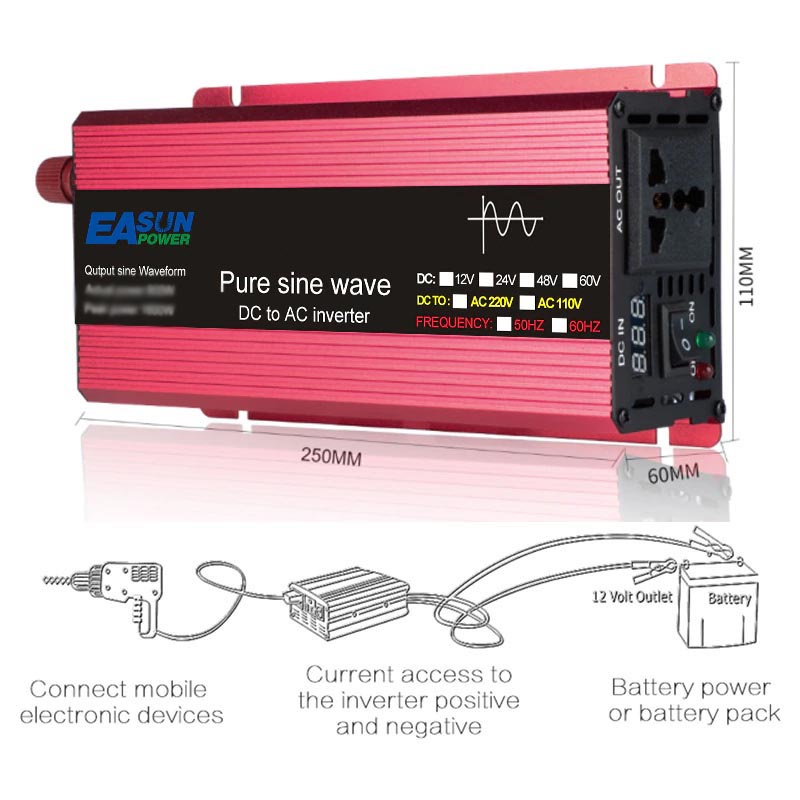 EASUN Pure Sine Wave Car Power Inverter DC 12V to AC 220V 1000W - EAS1000 - Red