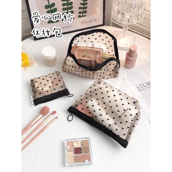 LOVE DOTS TRAVEL MAKE UP POUCH / TRANSPARAN POUCH MOTIF LOVE / TAS SERBAGUNA / TAS MAKE UP PREMIUM