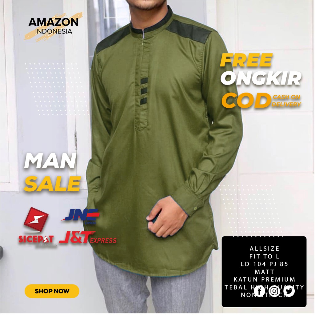 PAKAIAN MUSLIM PRIA WARNA ARMY BAHAN KATUN PREMIUM STYLE CASUAL LENGAN PANJANG GOOD QUALITY IMPOR