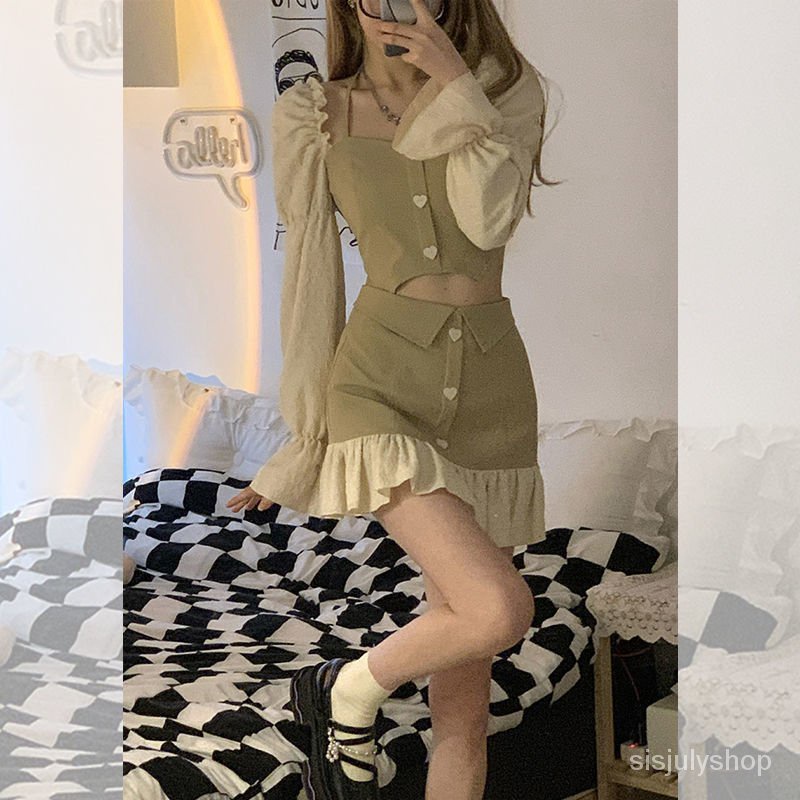 #Sisjuly# Atasan Halter Baru Wanita/rok Tidak Beraturan Dengan Rok Split Pinggang Dan Kancing Hati