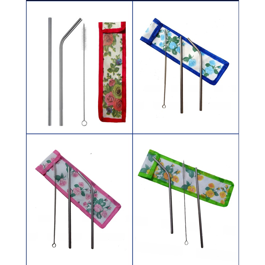 Set Sikat Sedotan Lurus Bengkok Stainless Bonus Pouch / Sedotan Stainless Steel