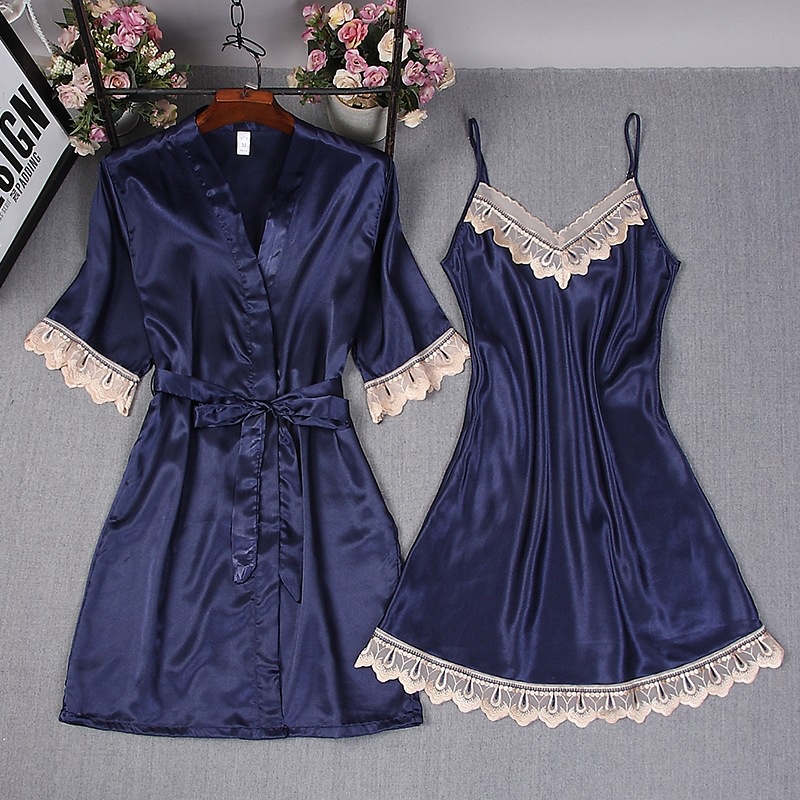 Suspenders Pajamas Women's Summer Sexy Ladies Nightdress +Night-robe 2pcs