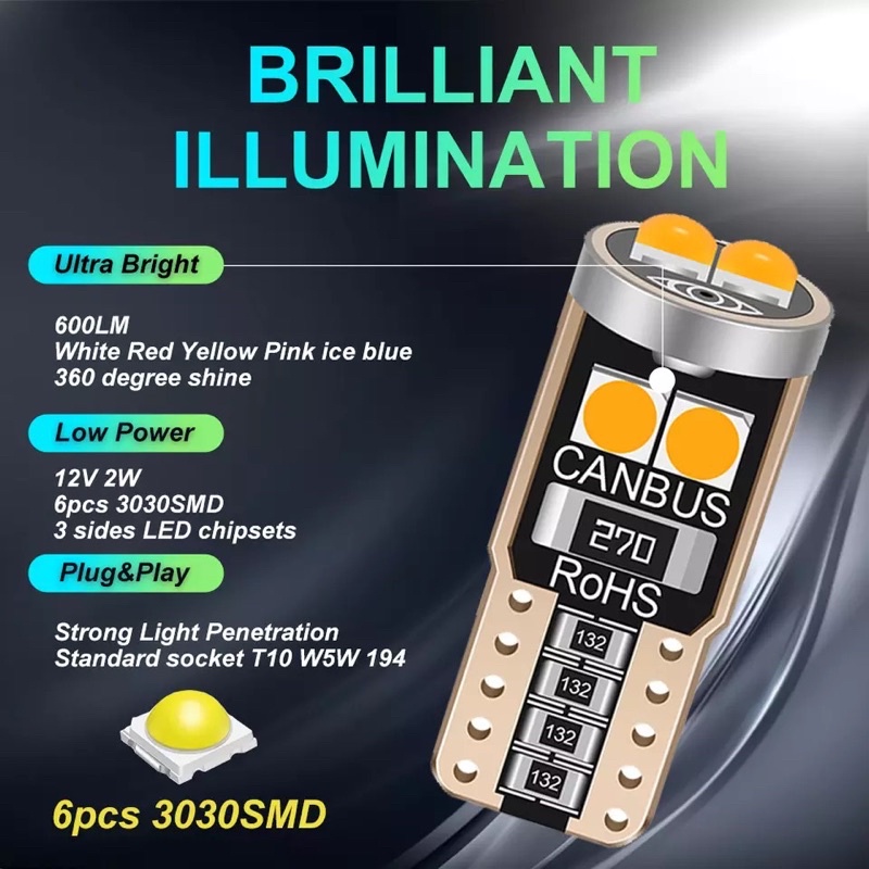 Lampu Led T10 W5W Chip 3030 Cembung 6 Mata Canbus Super Bright