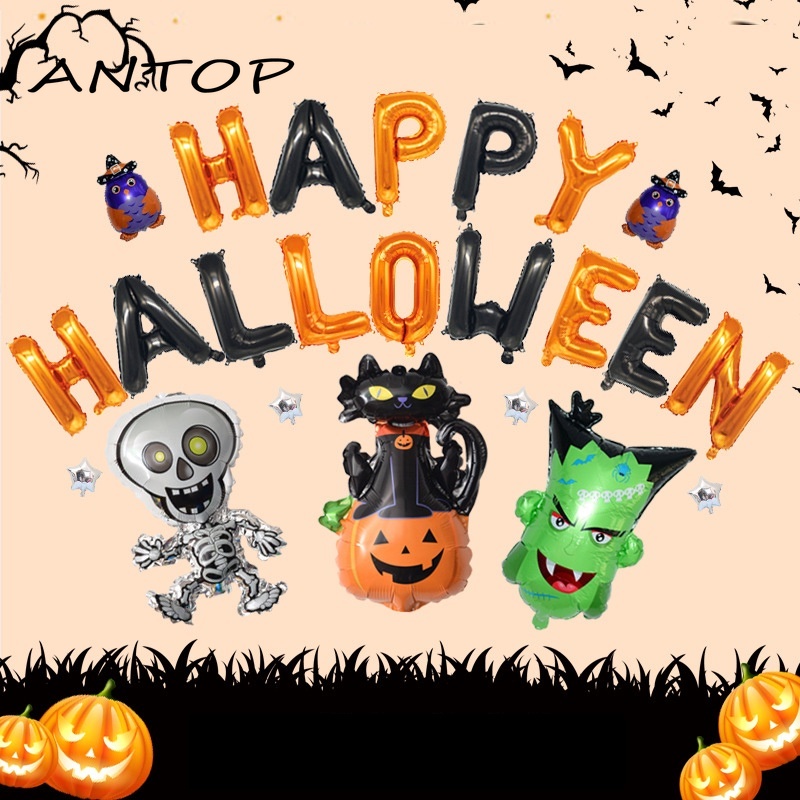 Halloween Dekorasi Balon Kartun Kelelawar Labu Kerangka Aluminium Foil Balon Horor Dekorasi Pesta Alat Peraga ANTOP