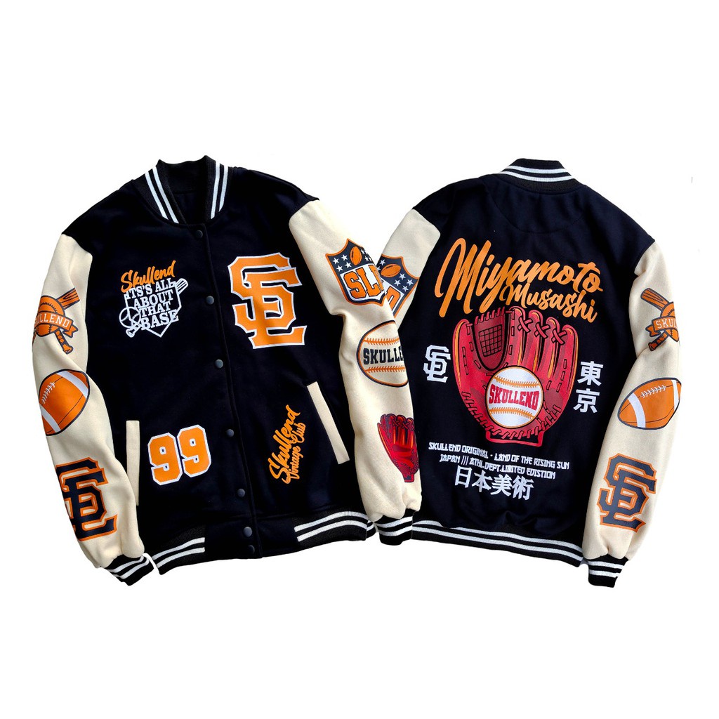 Varsity Jacket Baseball Vintage Pria Wanita - Jaket Varisty Jaket Besball Bisbol Cowok Cewek Original Distro Bandung-MIYAMOTO BLACK MOCCA