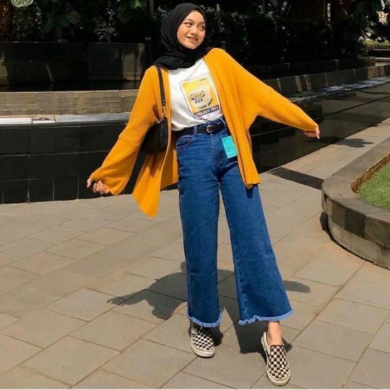 Celana kulot jeans wanita putih jins denim highwaist murah cewek cewe culote Lepis cutbray levis RWS-Rawis dark