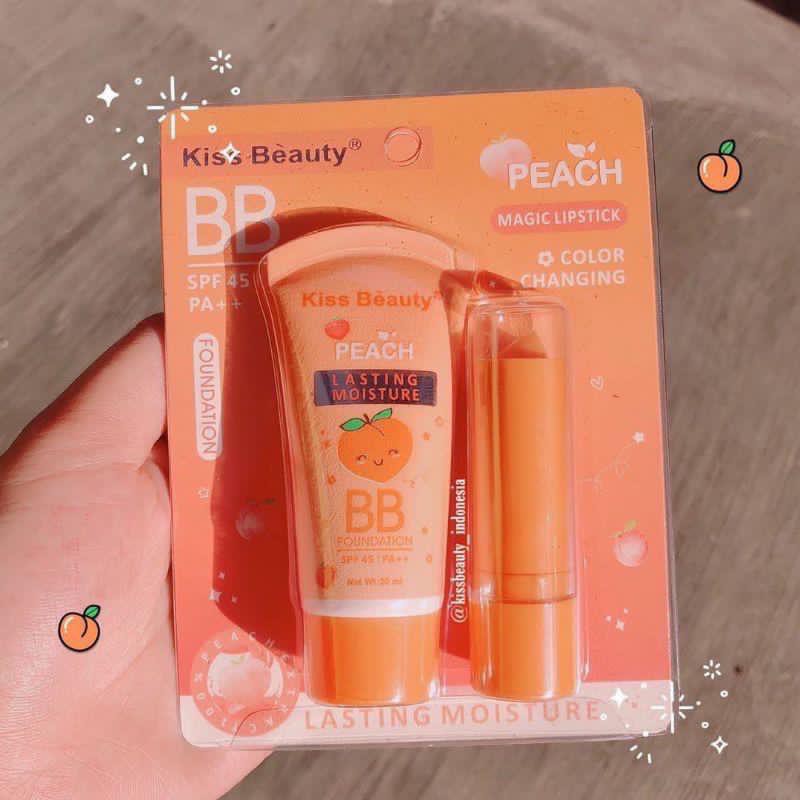 cod [Per Set] Kiss Beauty Peach Set 2in1 BB Foundation &amp; Lipstick