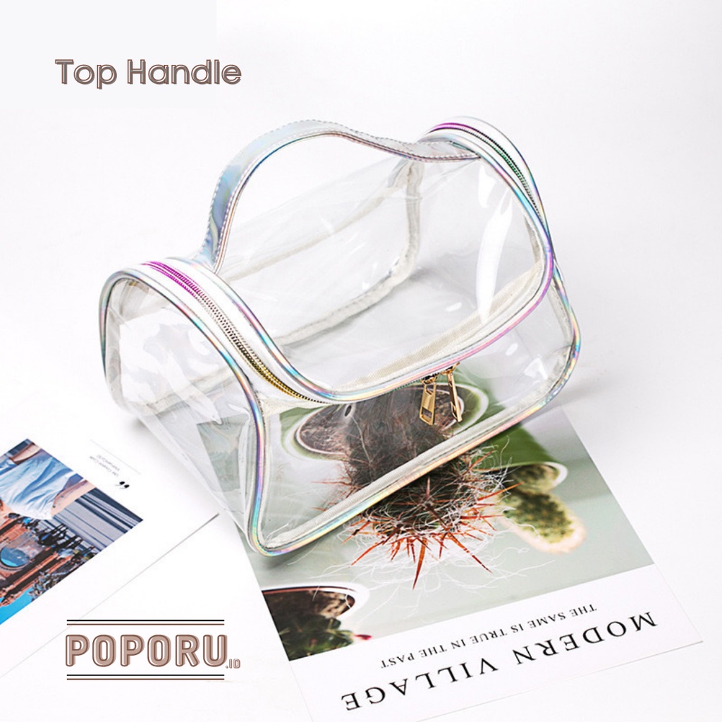 POPORU CLEAR HOLO Handy Pouch / Tas Kosmetik Bening / Pouch Transparan Travel  Murah / Anti Air PVC