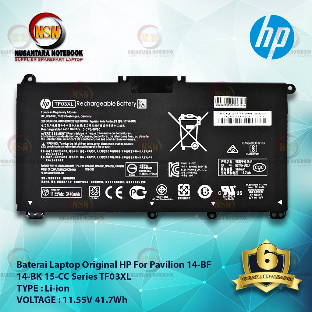 Baterai Original HP TF03XL For HP Pavilion 14-BF 14-BK 15-CC Series