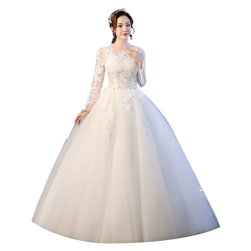 Fashion Puith Gaun Pengantin Renda Lengan Panjang Gaun Pesta Pengantin White Lace Wedding Dress