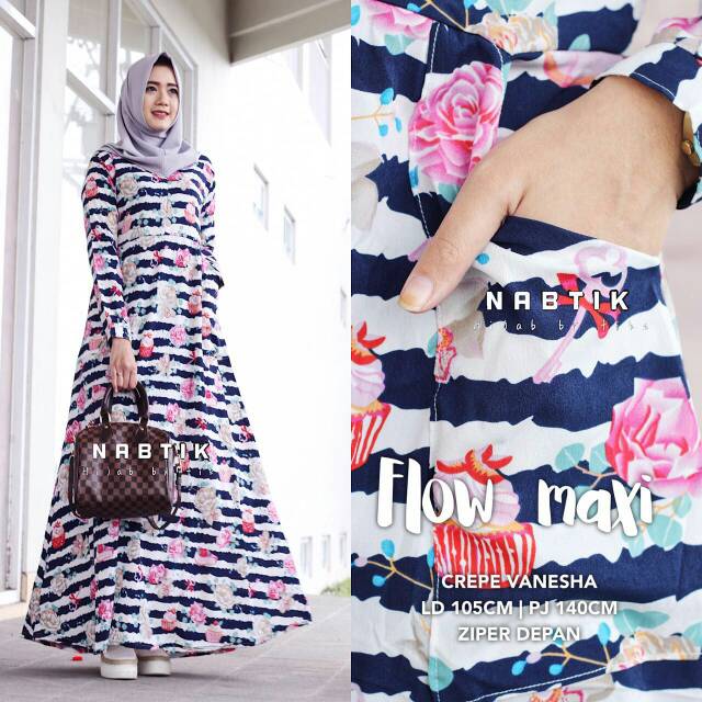 GAMIS CREPE MOTIF GARIS FLOW MAXI BUSUI DRESS ORI NABTIK