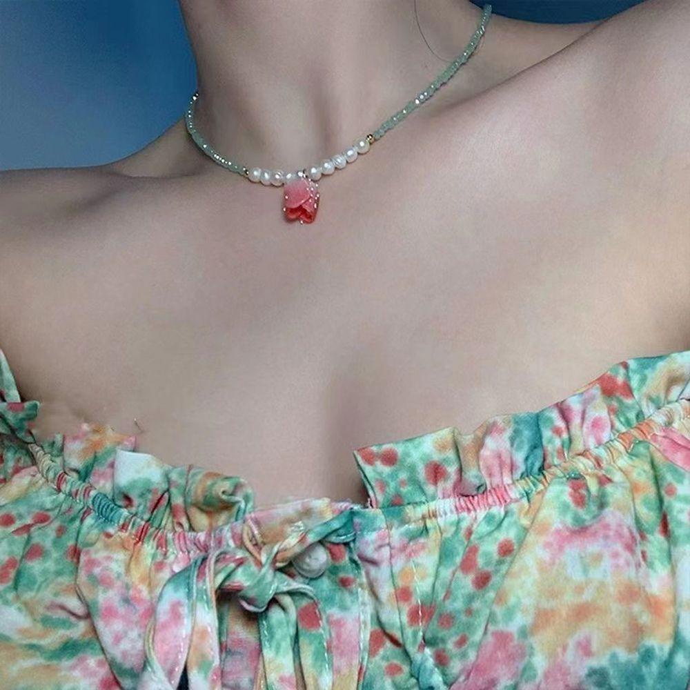 NEEDWAY Bunga Tulip Kalung Kreatif Choker Vintage Mutiara Hadiah Kerah Rantai Manik Wanita Rantai Klavikula