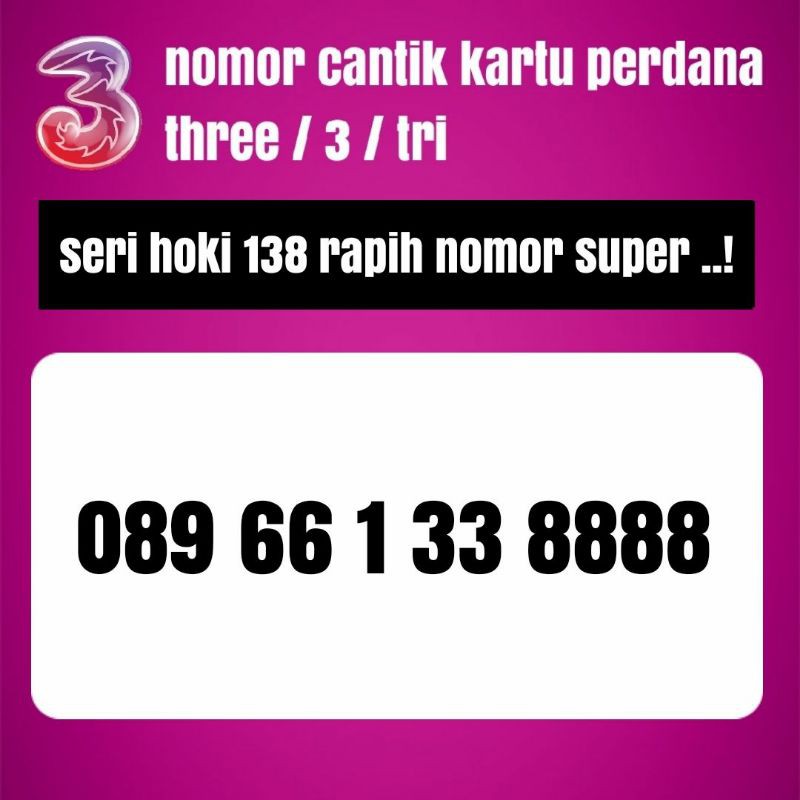 kartu perdana tri three 3 nomor cantik 168 seri hoki double yi lu fa